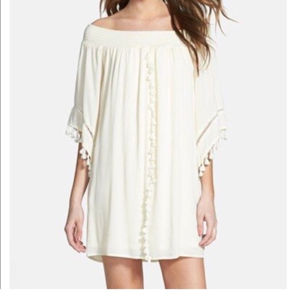 Love Fire Boho Ivory Off Shoulder Mini Dress Lined Tassel Trim Smocked Beachwear